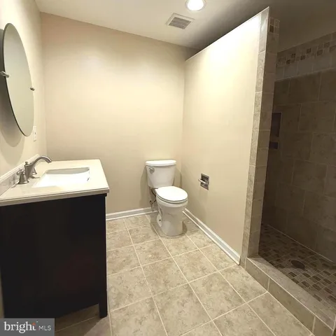 a bathroom with a sink vanity and a toilet