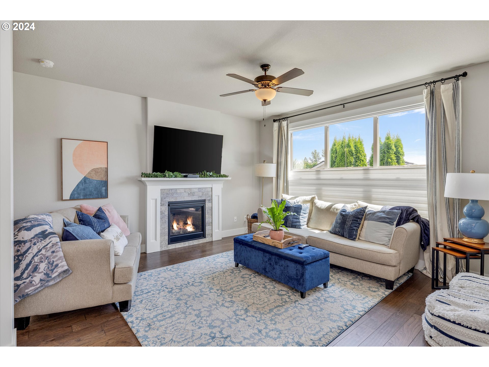 12934 Southwest Buckfield Lane Portland, OR 97224 - Photo 8 of 27 a living room with furniture a fireplace and a flat screen tv