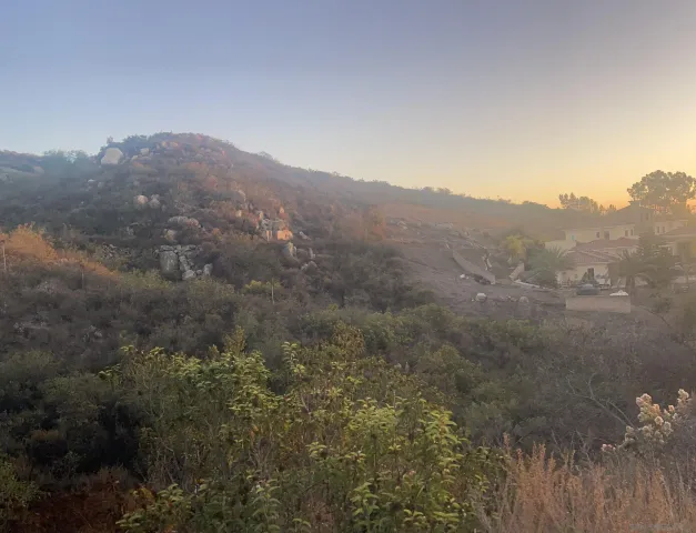a view of a yard with wooden fence