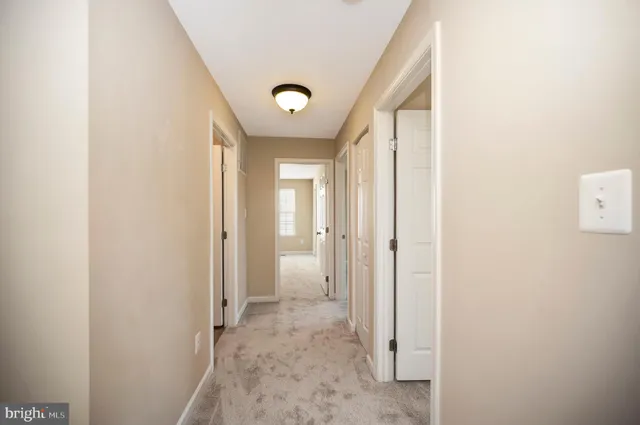 an empty room with a ceiling fan and carpet