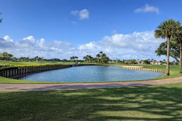 a view of a lake with houses in the back