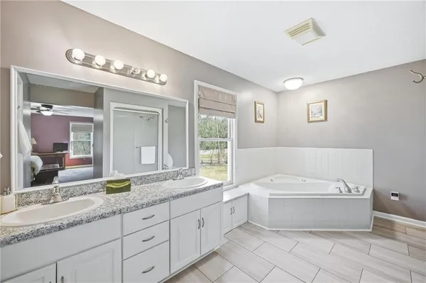 a bathroom with a sink a large mirror and a bathtub