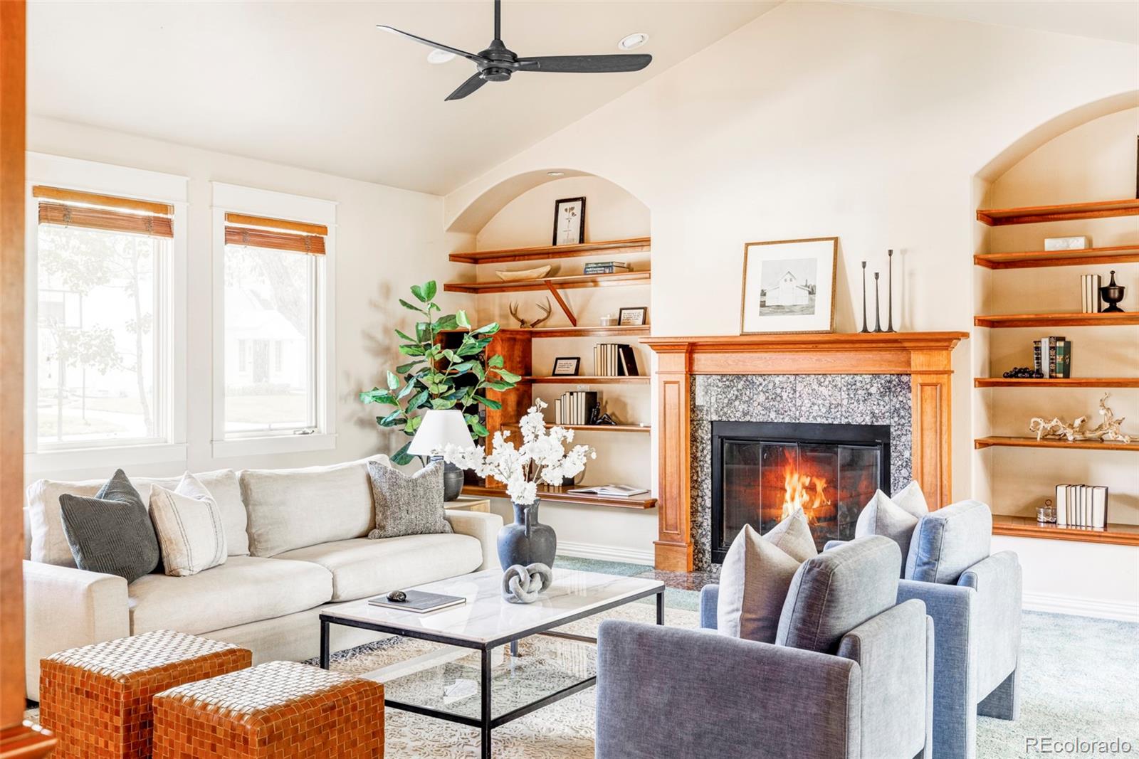 701 Leyden Street Denver, CO 80220 - Photo 8 of 42 a living room with furniture and a fireplace