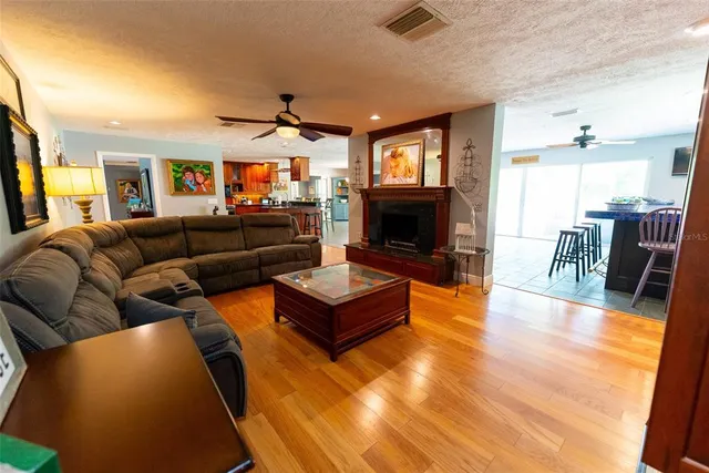 a dining hall with furniture