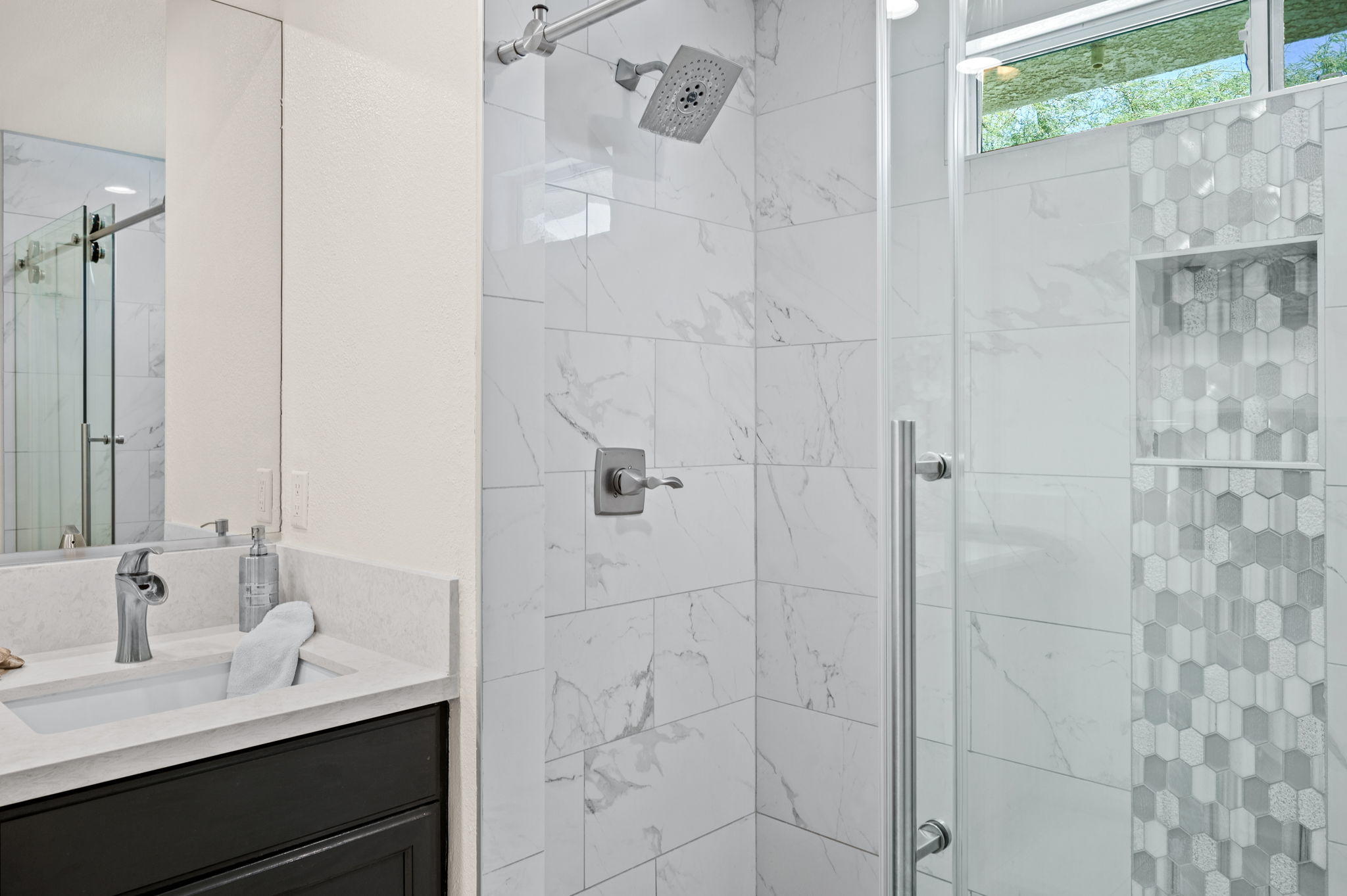 68210 Empalmo Road Cathedral City, CA 92234 - Photo 24 of 34 a bathroom with a double vanity sink a shower and a mirror