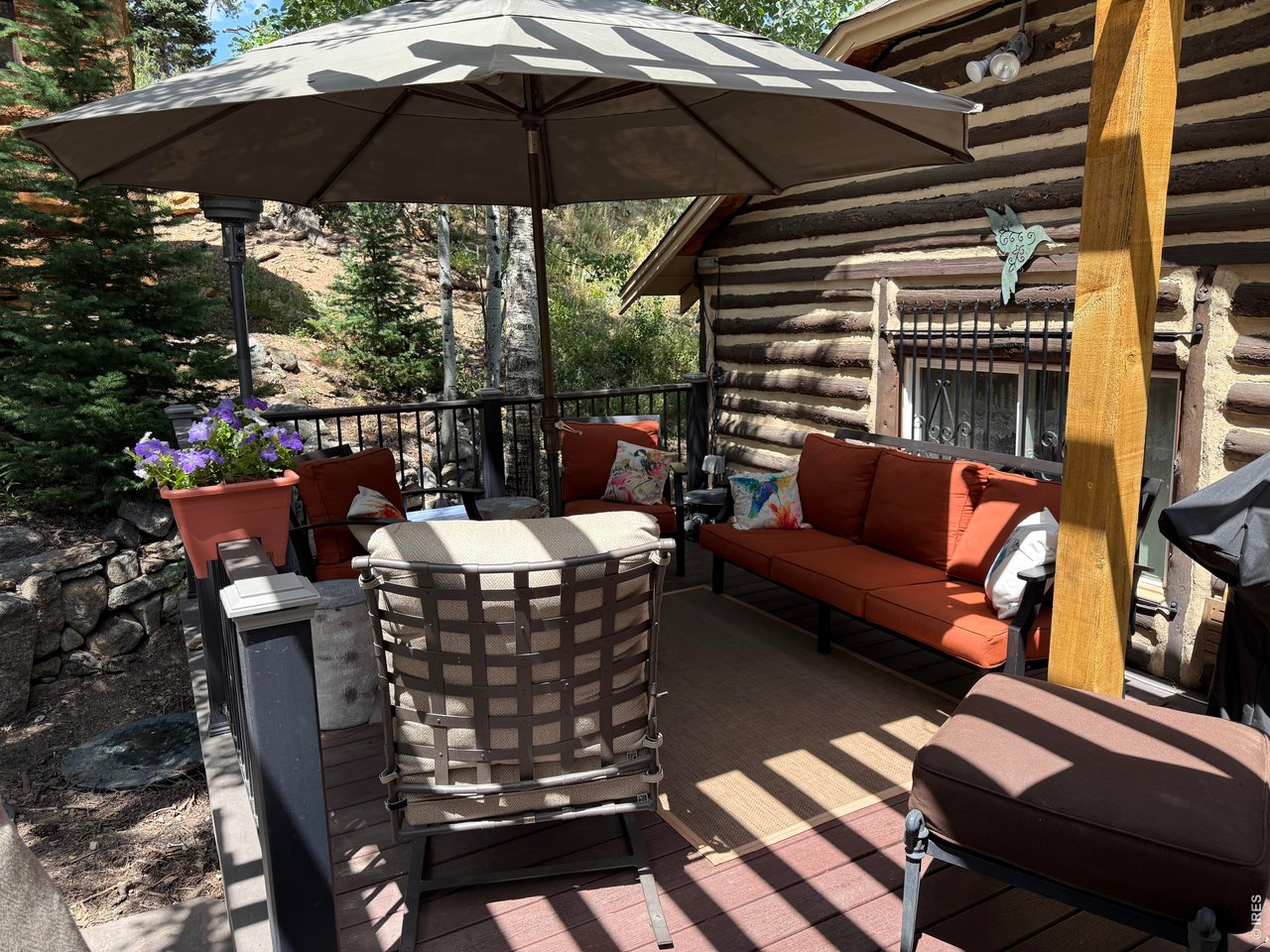 124 Ski Road Allenspark, CO 80510 - Photo 11 of 29 a patio with patio a table and chairs under an umbrella