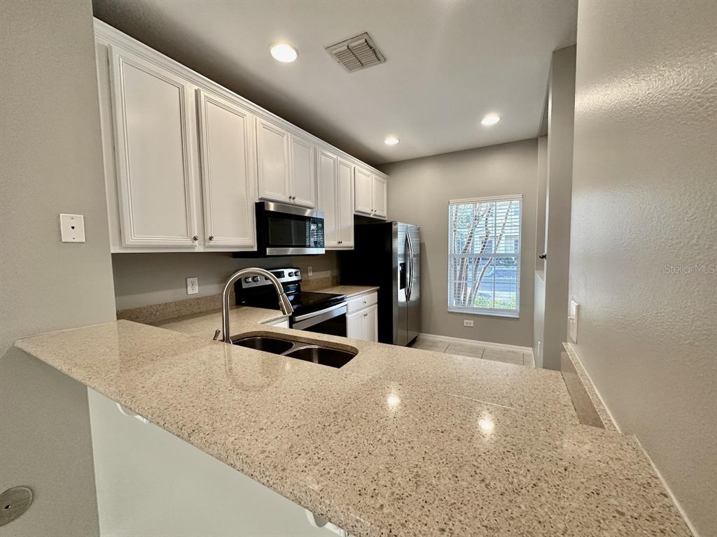 8532 Brushleaf Way Tampa, FL 33647 - Photo 9 of 20 a kitchen with granite countertop white cabinets a refrigerator and a sink