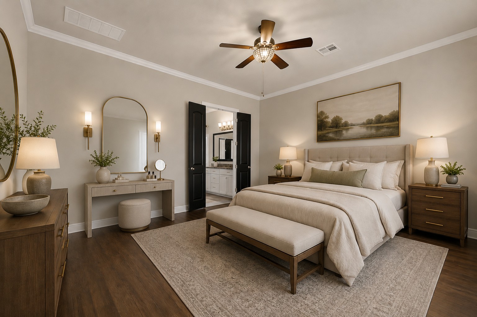 2617 Milan Meadows Drive Leander, TX 78641 - Photo 11 of 40 Relax in a generously proportioned sleeping area, featuring rich wood flooring and crown molding, with an adjacent primary bath for ultimate convenience.