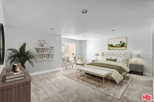 a spacious bedroom with a bed a bookshelf and a window