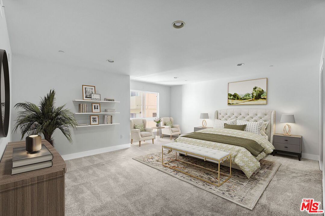 7249 Franklin Avenue, Unit 204 Los Angeles, CA 90046 - Photo 5 of 17 a spacious bedroom with a bed a bookshelf and a window