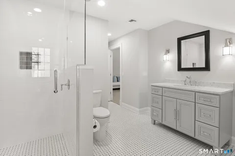 a bathroom with a toilet a sink a mirror and a shower