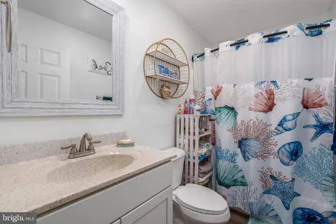 a bathroom with a sink mirror vanity and toilet