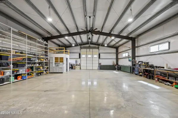 a view of a room with wooden racks
