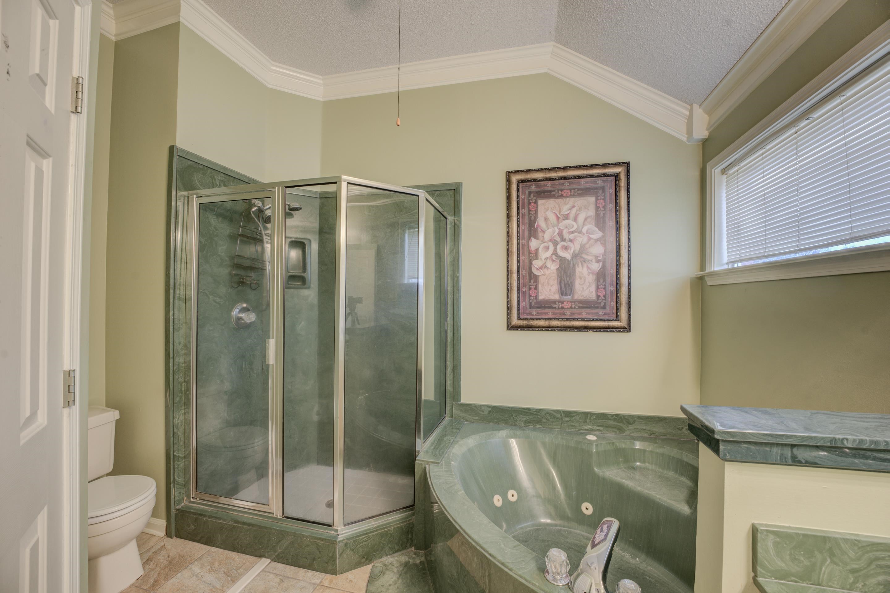 7657 Stone Manor Road Memphis, TN 38125 - Photo 15 of 27 Bathroom with crown molding, shower with separate bathtub, a textured ceiling, vaulted ceiling, and toilet