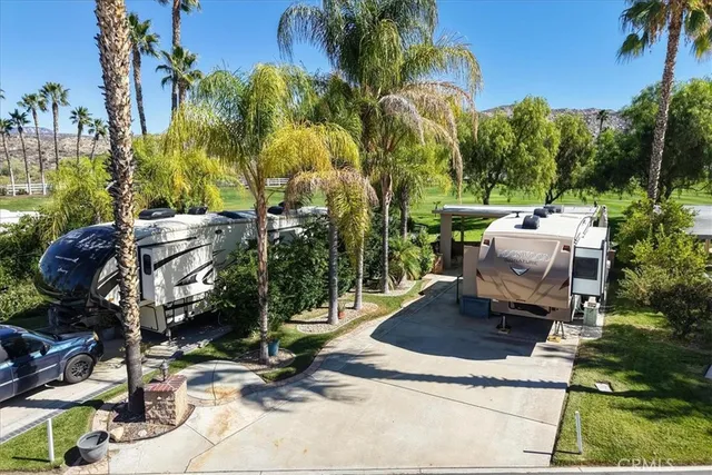 a view of a patio with table and chairs potted plants and palm trees