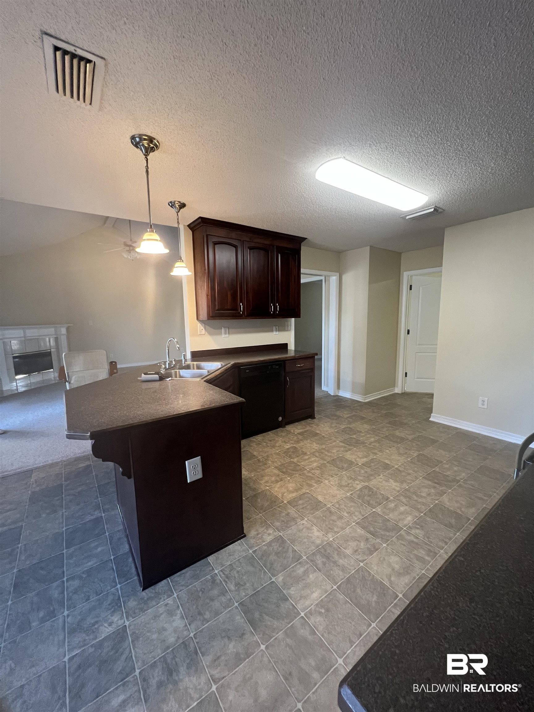 17793 Fancy Boulevard Foley, AL 36535 - Photo 34 of 34 Kitchen featuring decorative light fixtures, black dishwasher, sink, dark brown cabinetry, and a textured ceiling