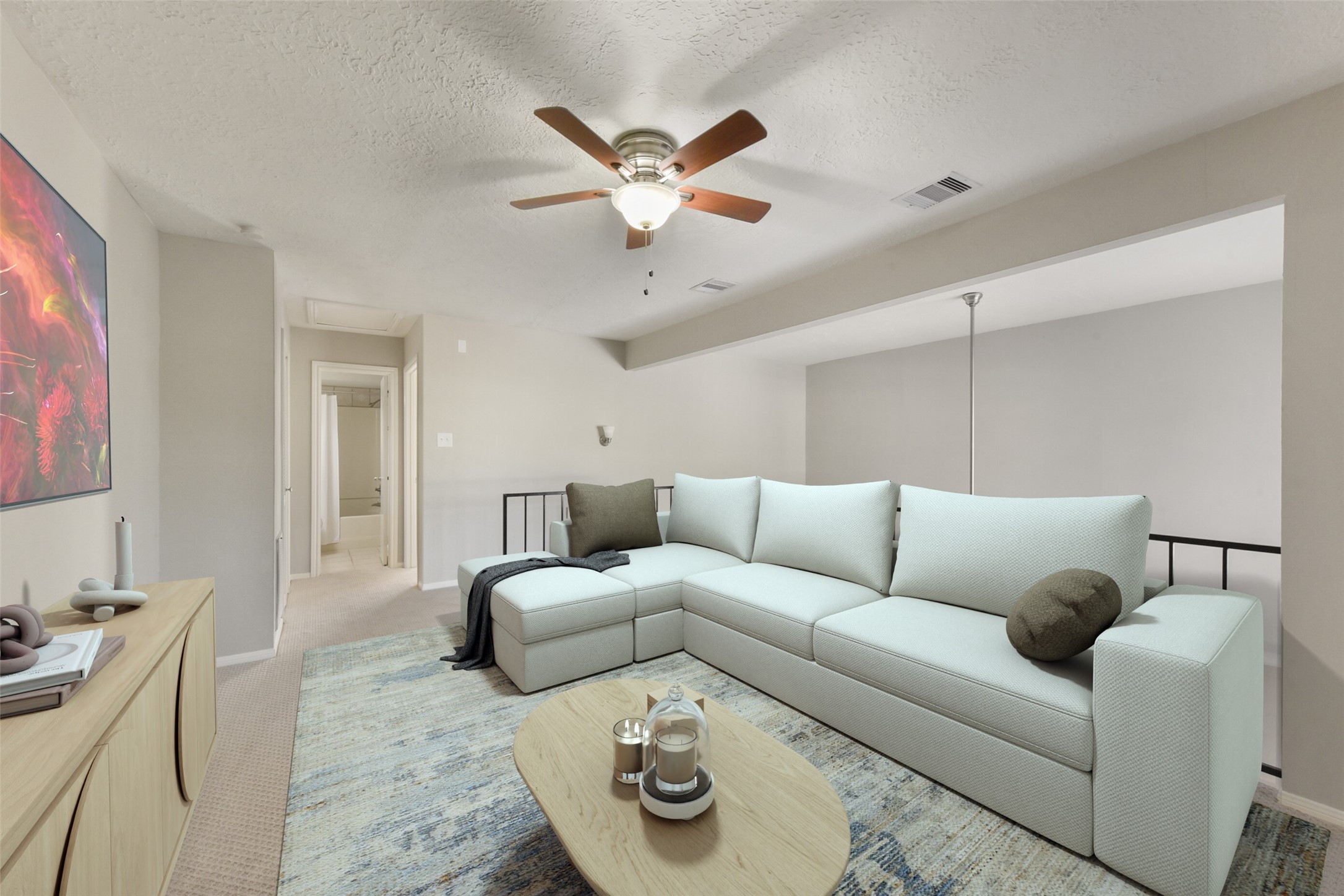 1941 Country Village Boulevard, Unit A Humble, TX 77338 - Photo 25 of 35 a living room with furniture and a ceiling fan