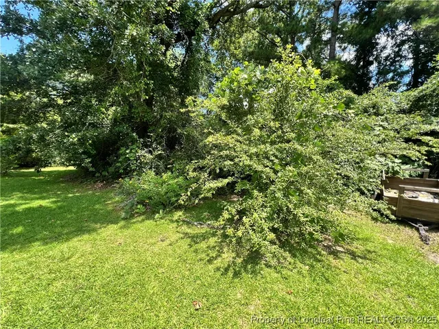 a view of a yard with plants and wooden fence