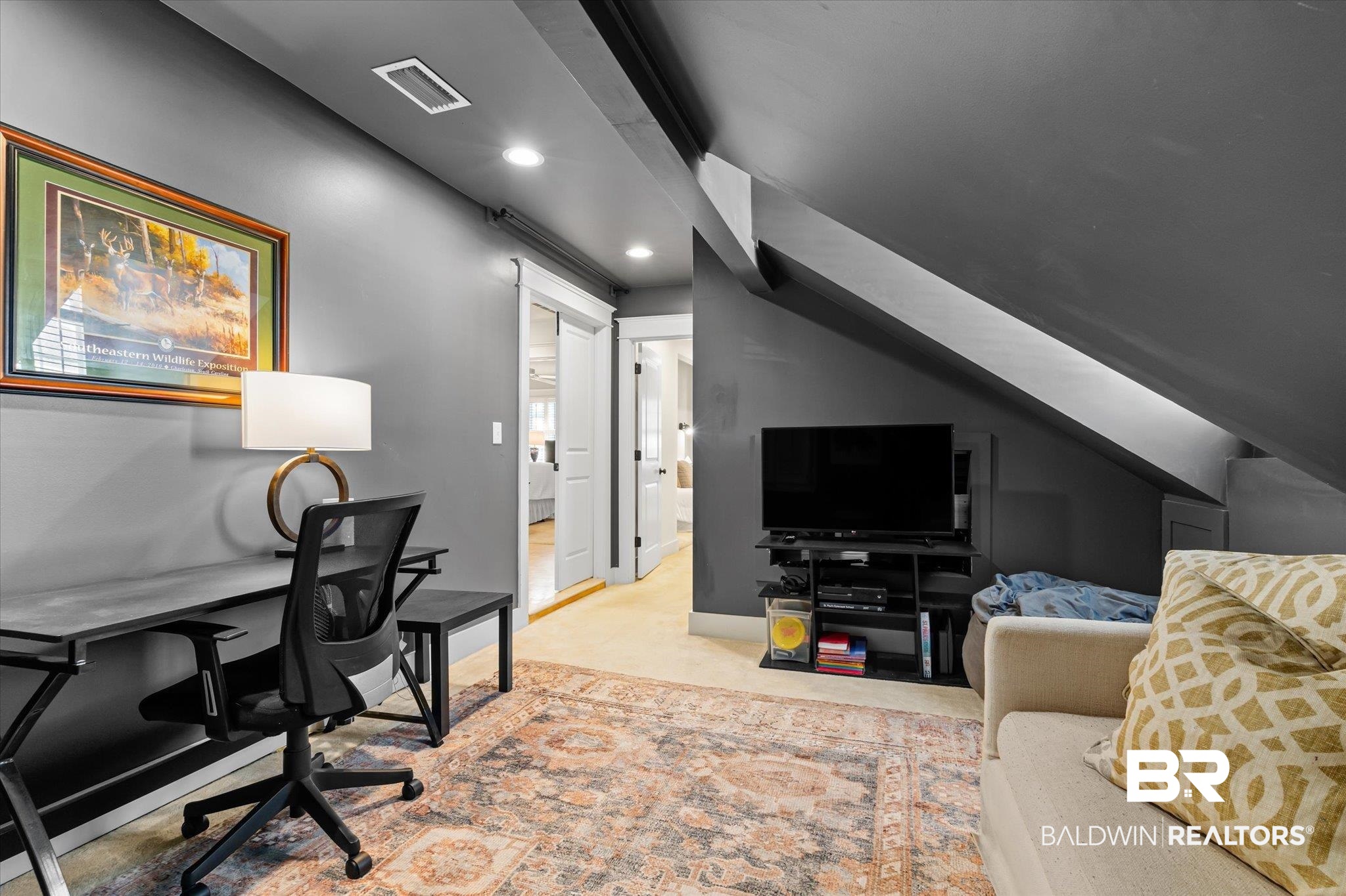 3921 McGregor Court Mobile, AL 36608 - Photo 26 of 41 Home office featuring light carpet, visible vents, and recessed lighting