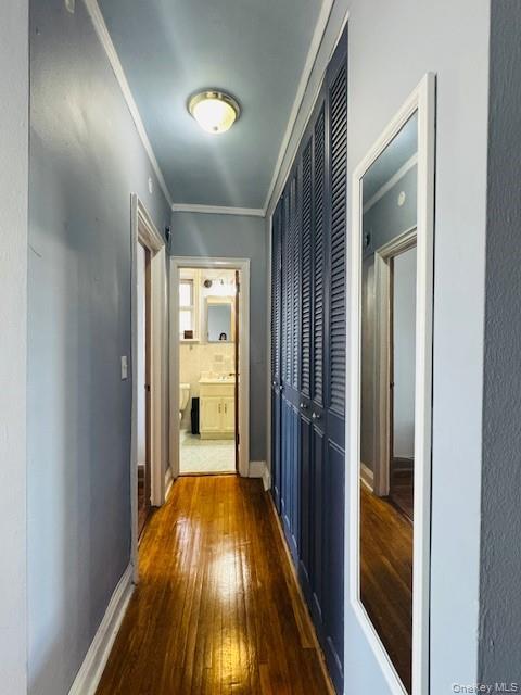 48-20 44th Street, Unit 4C Queens, NY 11377 - Photo 8 of 12 Corridor featuring crown molding and dark wood-style floors