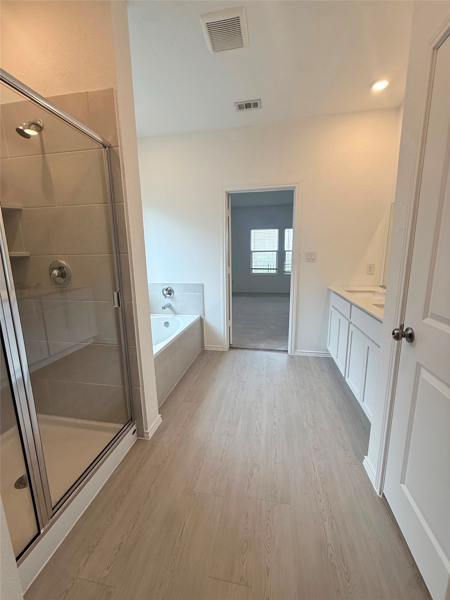 192 Rodney Boat Road Kyle, TX 78640 - Photo 10 of 40 A well-appointed bath boasts a shower and separate soaking tub, leading to an adjacent primary bedroom.
