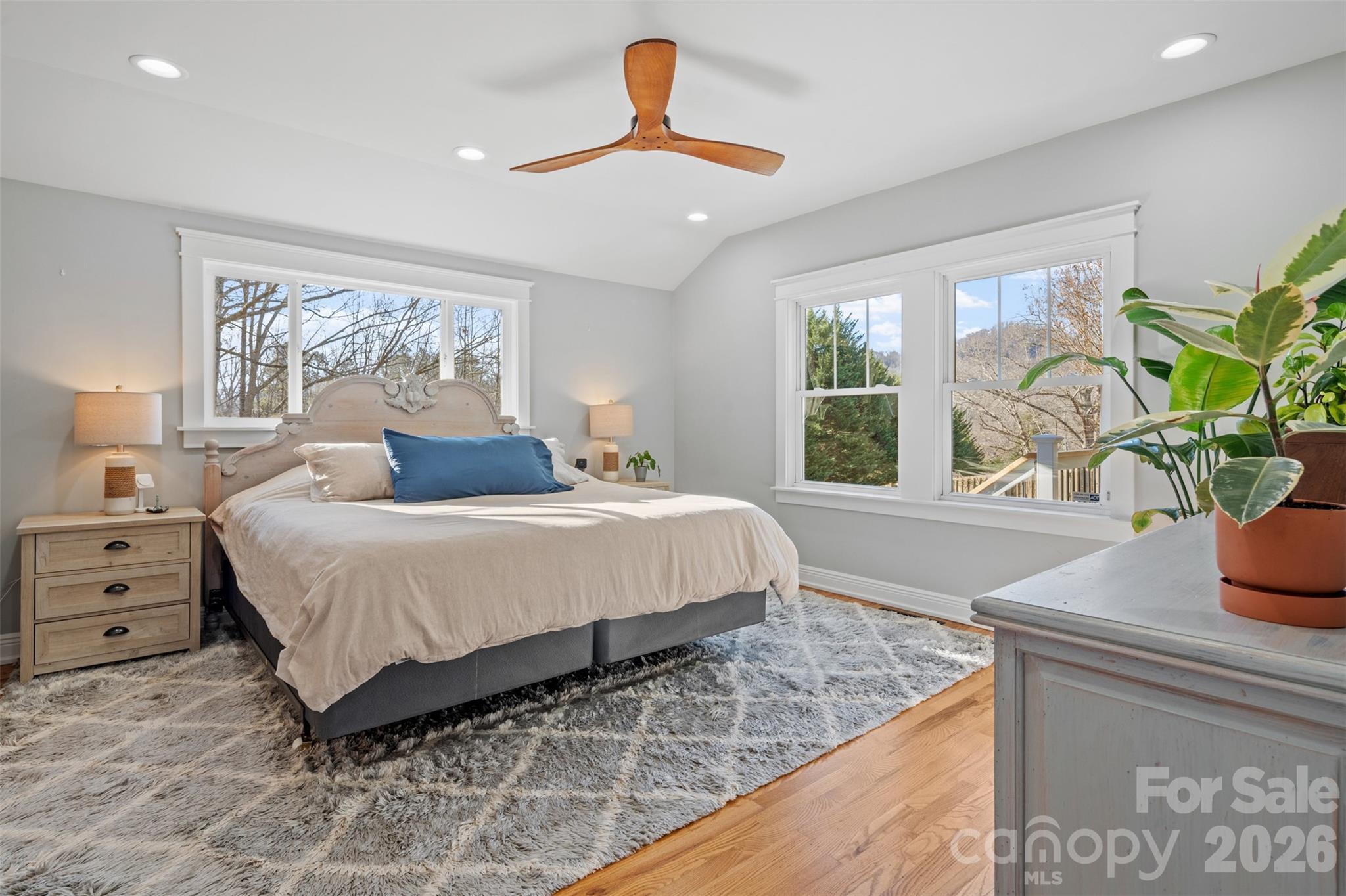 32 Youngs Cove Road Candler, NC 28715 - Photo 15 of 35 a bedroom with a large bed and a potted plant