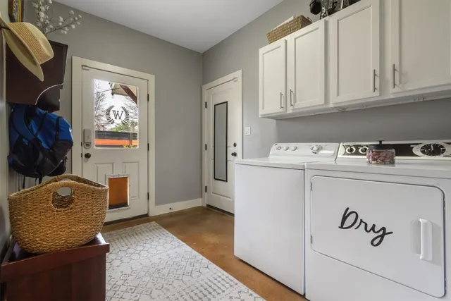 a view of a yard with plants and large trees