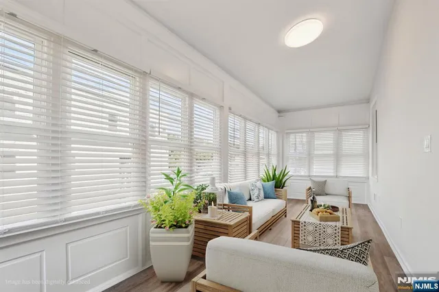 a living room with furniture and potted plant
