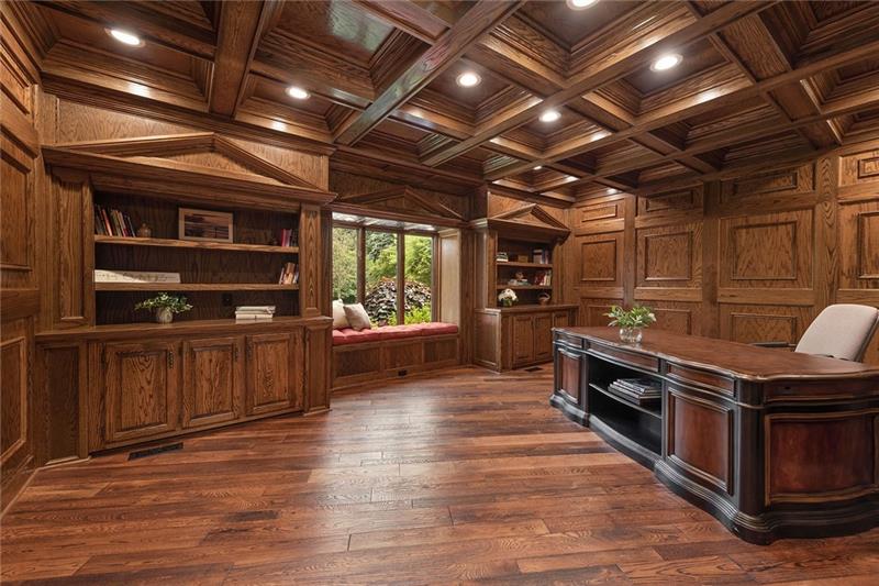 212 Mingo Road Wexford, PA 15090 - Photo 4 of 25 The beautifully detailed den with judges paneling, window seat and coffered ceiling