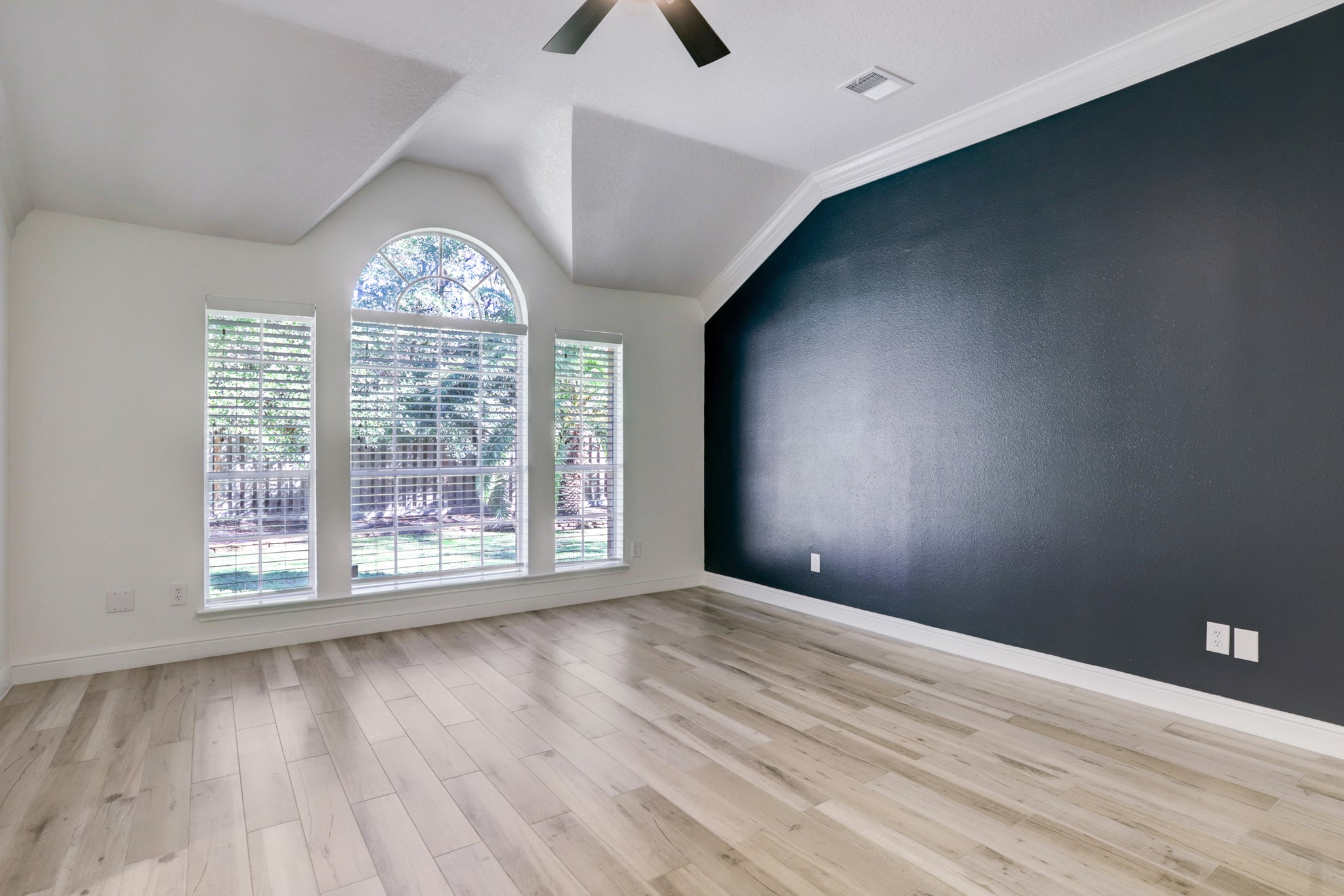 138 Summer Storm Place Spring, TX 77381 - Photo 13 of 20 Spacious primary bedroom with a vaulted ceiling, arched window and dramatic accent wall.