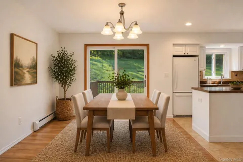 a view of a dining room with furniture window and outside view