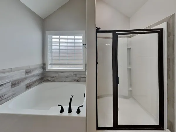 a bathroom with a bathtub and a shower