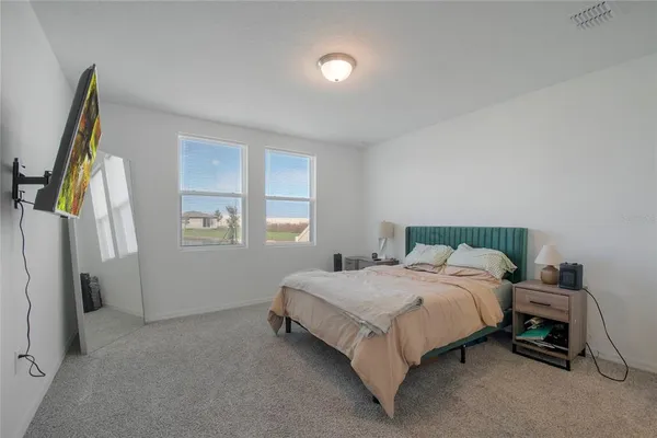 a bedroom with a bed and a flat screen tv