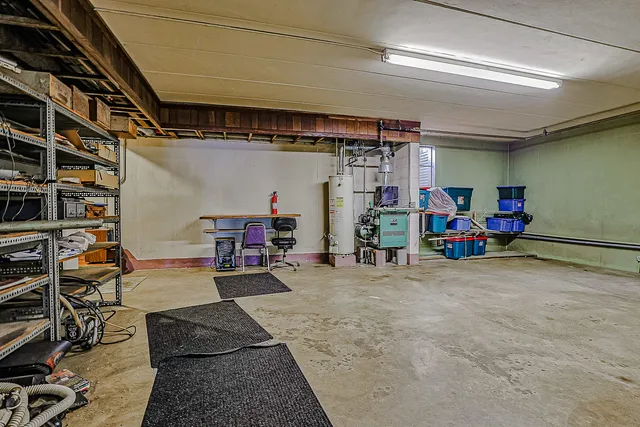a view of a storage room with racks