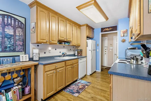 a kitchen with stainless steel appliances granite countertop a sink dishwasher stove and refrigerator with wooden floor