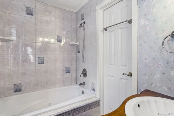 a bathroom with a bathtub and a shower