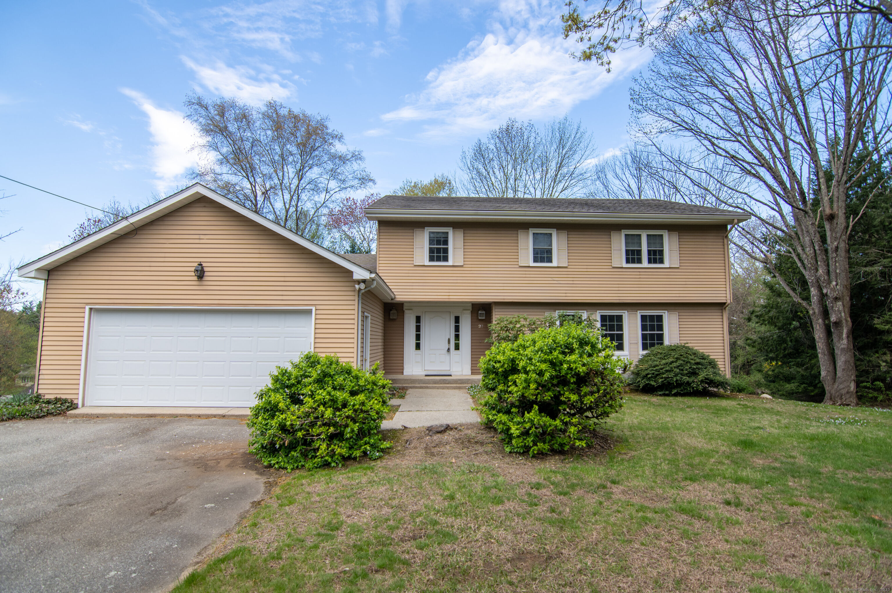 a front view of house with yard and green space