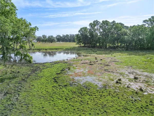 a view of a lake with a yard