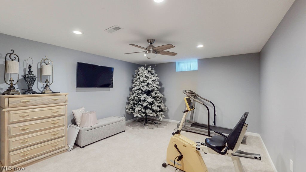 36845 Aberdeen Lane Solon, OH 44139 - Photo 20 of 24 Exercise area with light carpet, recessed lighting, and ceiling fan