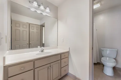 a bathroom with a shower and a toilet