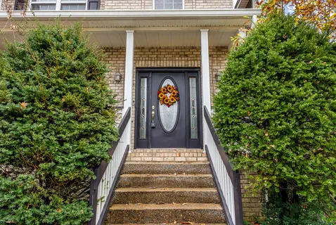 a front view of a house with plants