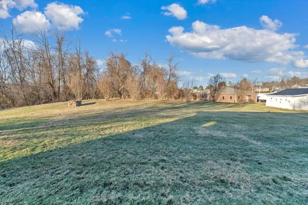 a view of a field with an trees in the background