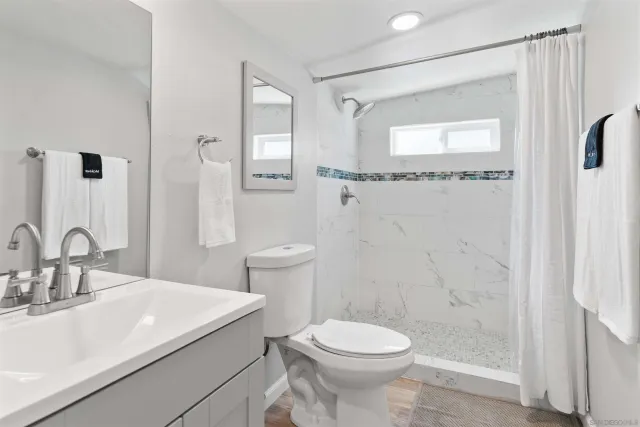 a bathroom with a sink a toilet and shower