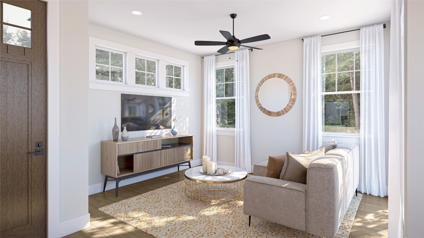 2420 Drew, Unit 6 Austin, TX 78748 - Photo 2 of 7 Living area with wood finished floors, a ceiling fan, and recessed lighting