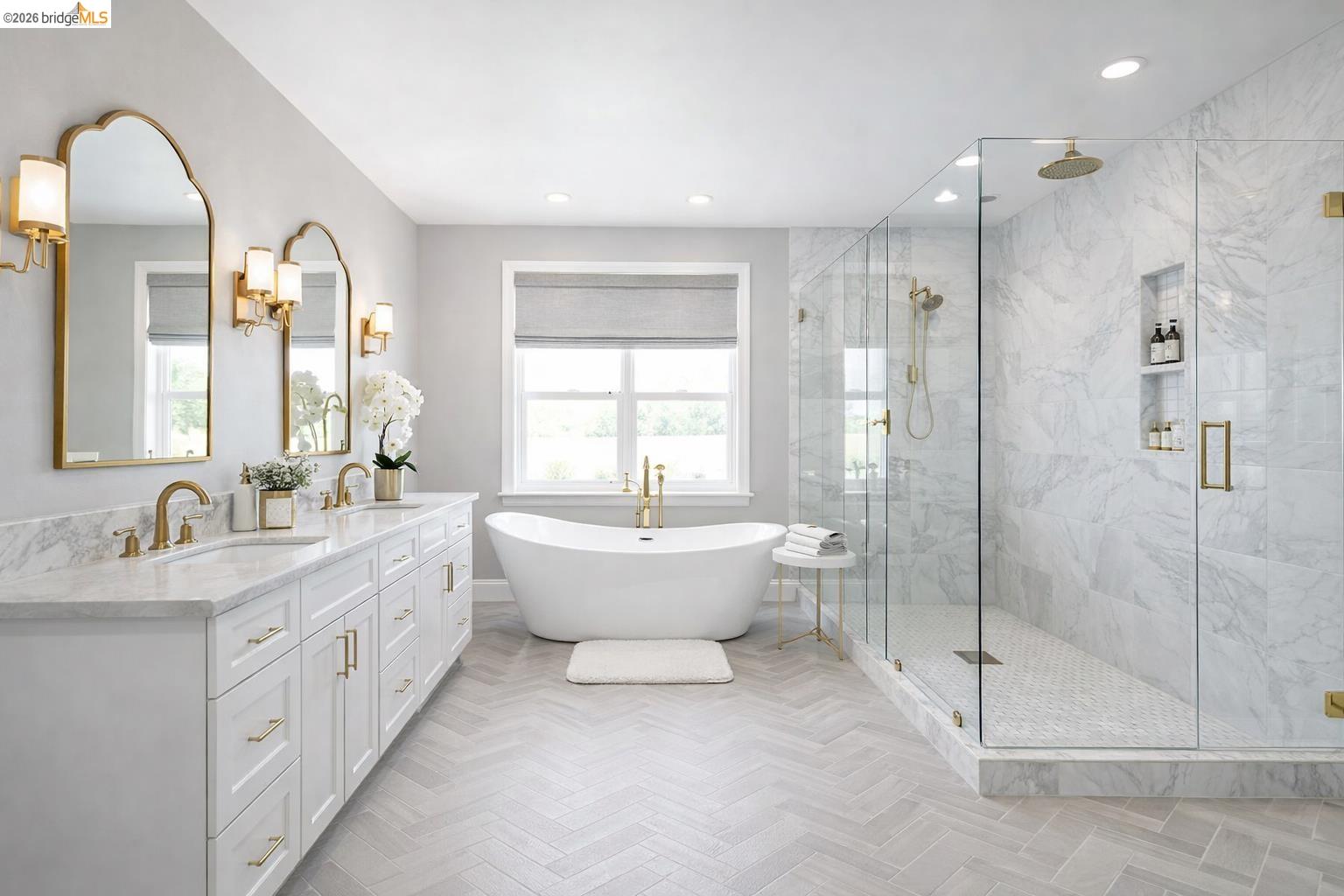 2200 Delta Road Knightsen, CA 94548 - Photo 15 of 26 Full bath featuring a marble finish shower, double vanity, a freestanding bath, and recessed lighting