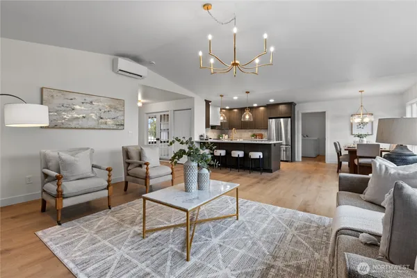 a view of a dining room with furniture