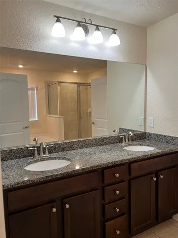 a bathroom with a granite countertop sink double vanity and a mirror