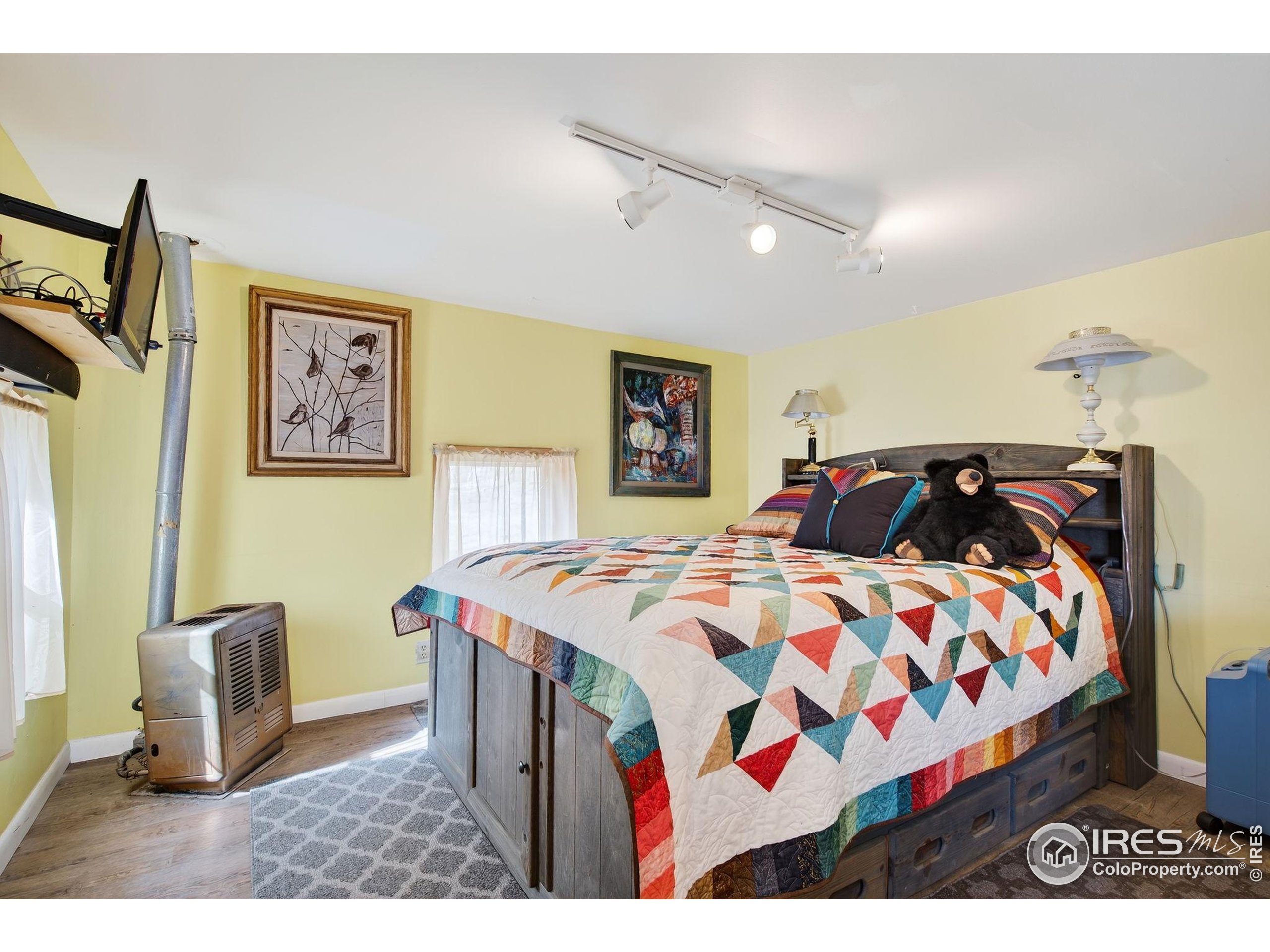 2848 Slater Creek Road Guffey, CO 80820 - Photo 39 of 50 a bedroom with a bed and wooden floor