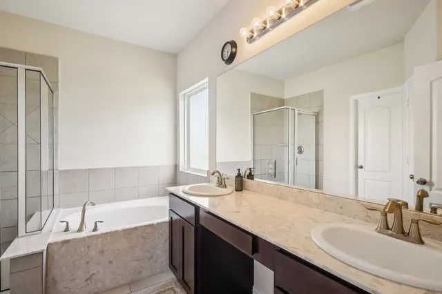 a bathroom with a double vanity sink large mirror and a bathtub