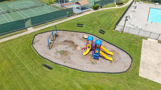 an aerial view of a swimming pool